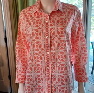 Gretchen Scott Designs Coral and White Geometric Blouse: The Twist & Shout Top
